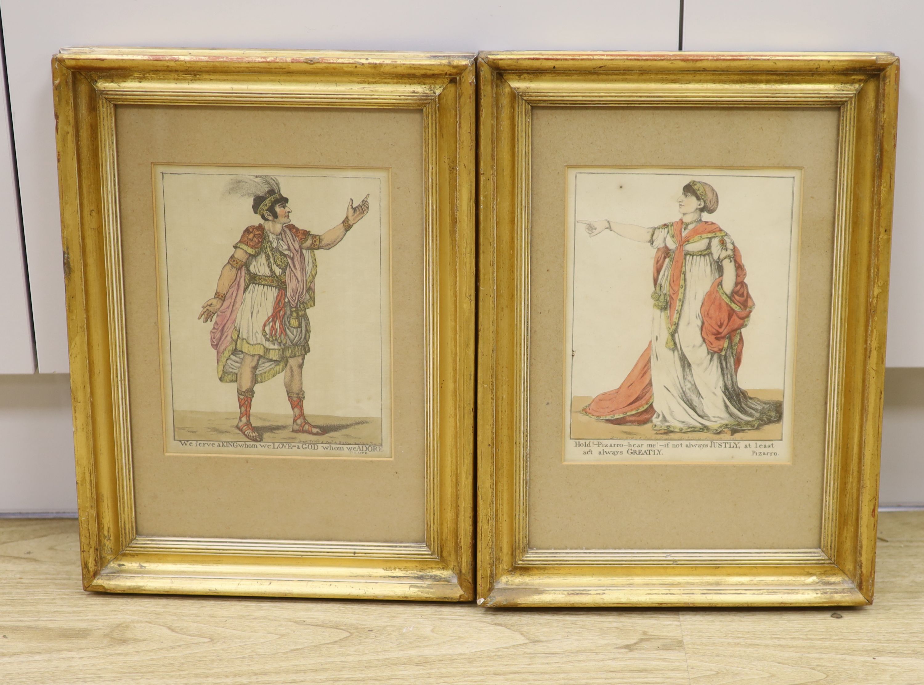James Dighton, pair of coloured engravings, 'We serve a King ...' and 'Hold! Pizarro Hear Me', 23 x 17cm